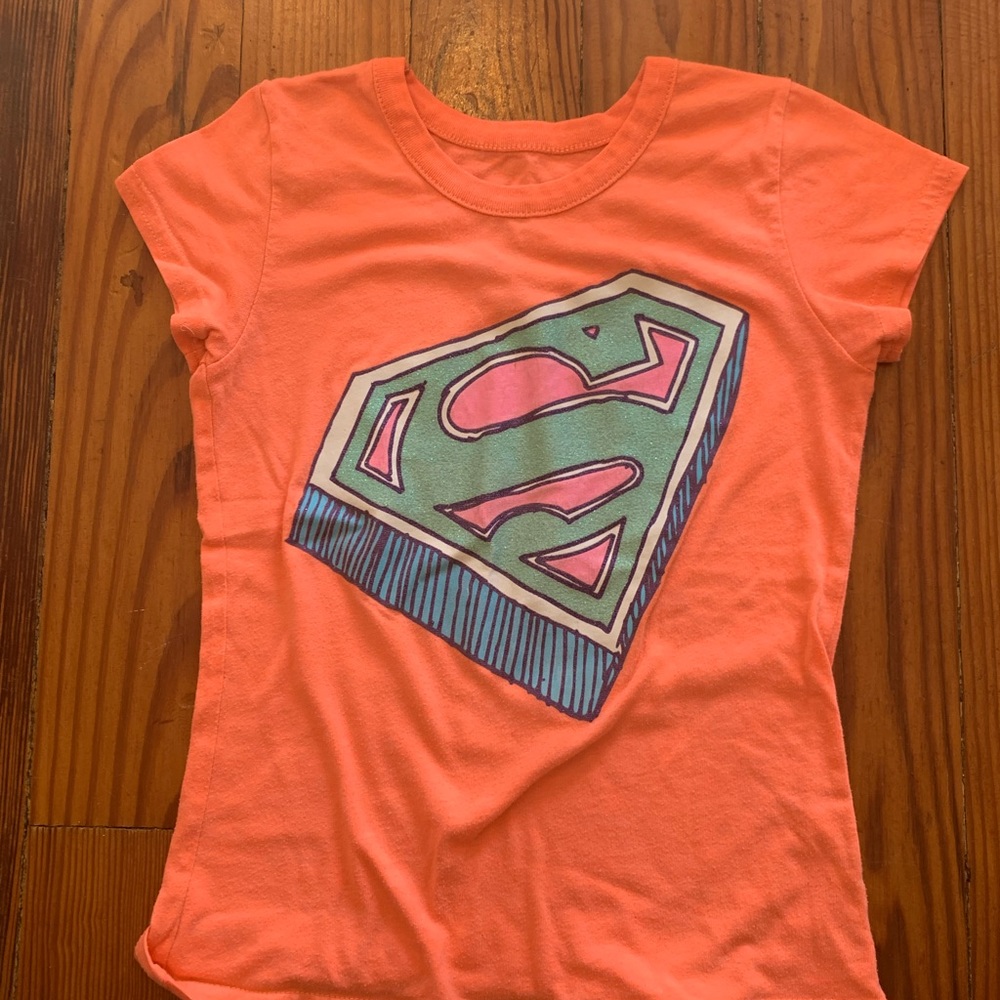 DC comics superman salmon, blue green, and pink short sleeve T-shirt, size 7/8